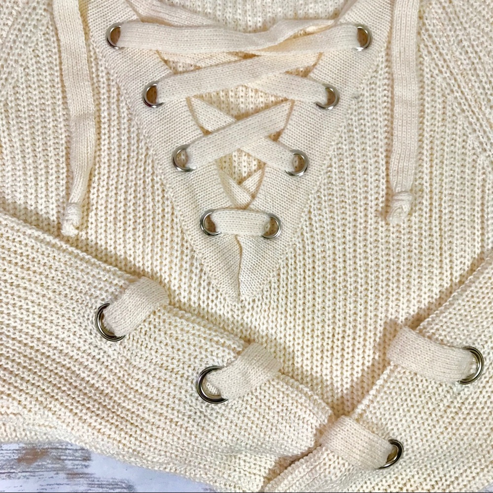 Oatmeal Lace Up Neckline Sweater - Picture 6 of 6